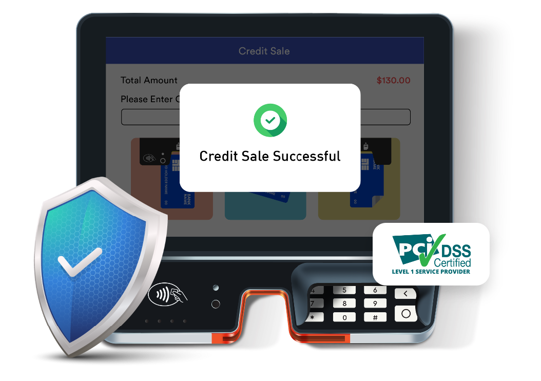 Smoke shop POS system showing secure credit card sale with PCI DSS badge