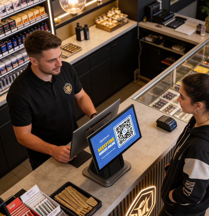 Vape shop employee assisting customer at checkout counter