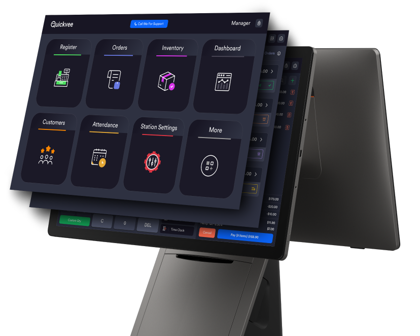 Quickvee vape shop POS system dashboard on countertop touchscreen terminal