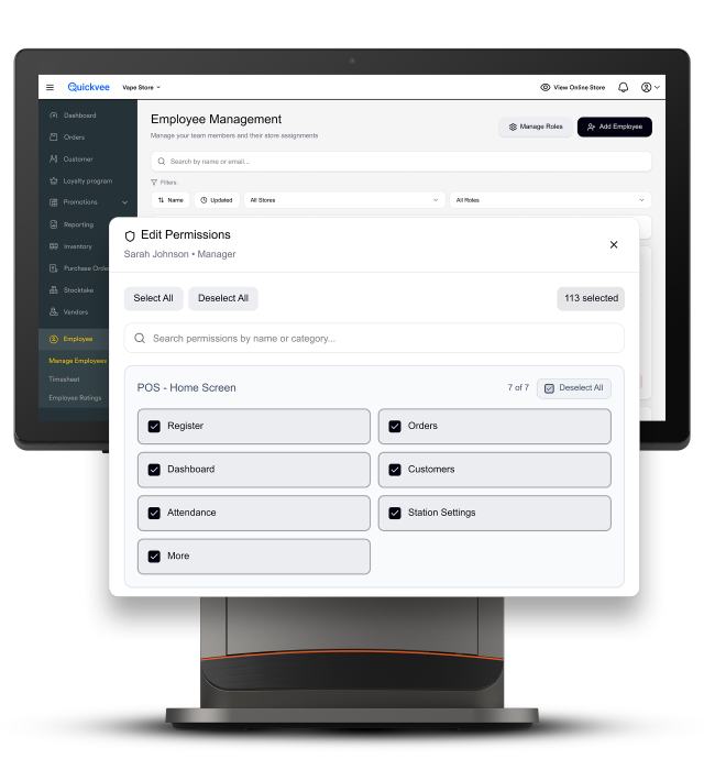Quickvee vape shop POS multi-location employee permissions dashboard